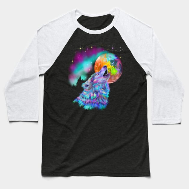 Colorful Rainbow Howling Wolf Baseball T-Shirt by starchildsdesigns